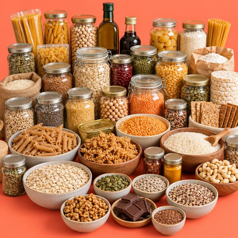 Épicerie variée : céréales, légumineuses, huiles, graines et douceurs